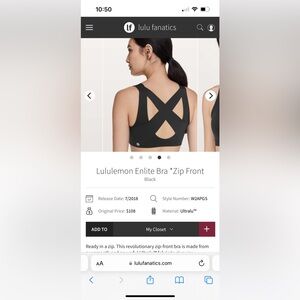 Lululemon enlite bra front zip